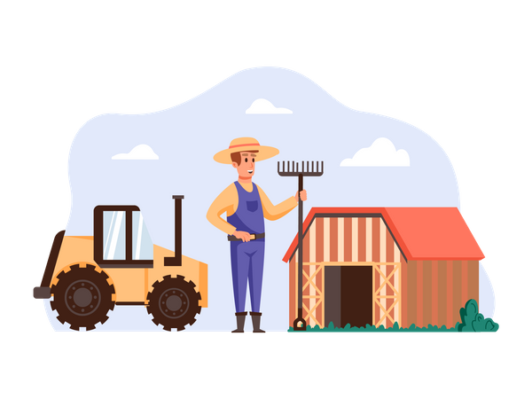 Agricultor sosteniendo un tenedor de pala en su granja  Ilustración