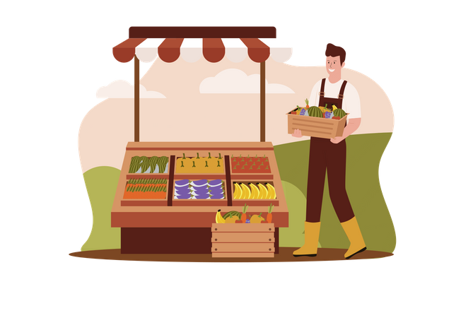 Agricultor vendiendo productos agrícolas.  Ilustración
