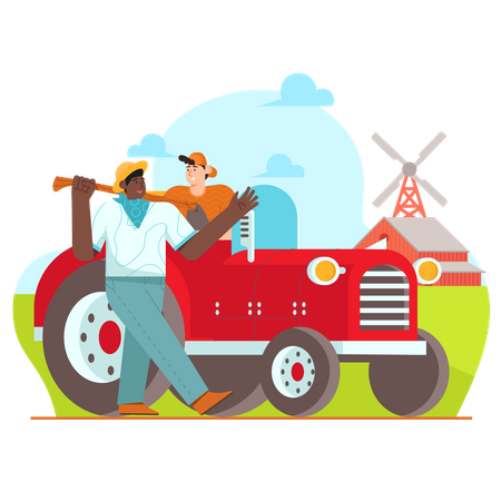 Granjero va a la granja usando tractor  Ilustración