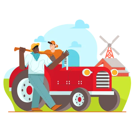 Granjero va a la granja usando tractor  Ilustración