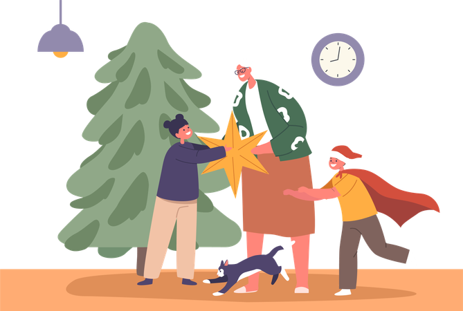 Granny And Kids decorating Christmas Tree  Illustration