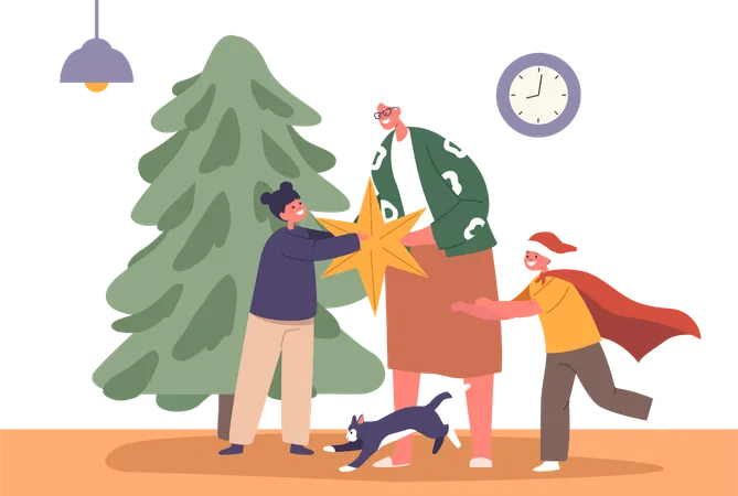 Granny And Kids Joyfully Decorate A Twinkling Christmas Tree In A Cozy Living Room Laughter Echoing As They Hang A Star On The Top Creating Cherished Holiday Memories Together Vector Illustration Illustration