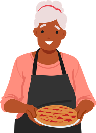Granny Holds Freshly Baked Pie In Hands  Illustration