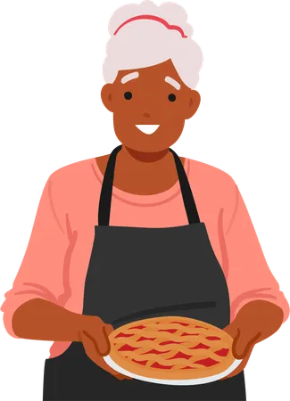 Granny Holds Freshly Baked Pie In Hands  Illustration