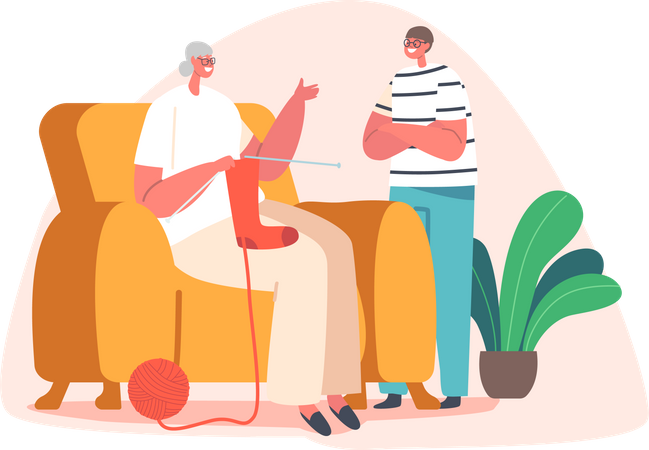 Granny Knitting Socks and Speaking with Grandchild Illustration