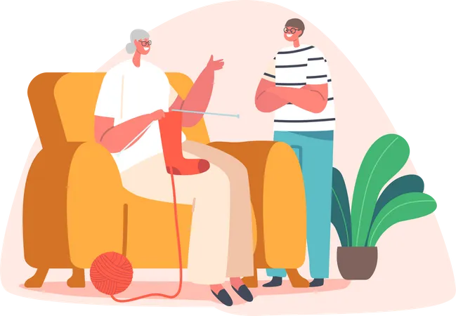 Granny Knitting Socks and Speaking with Grandchild  Illustration