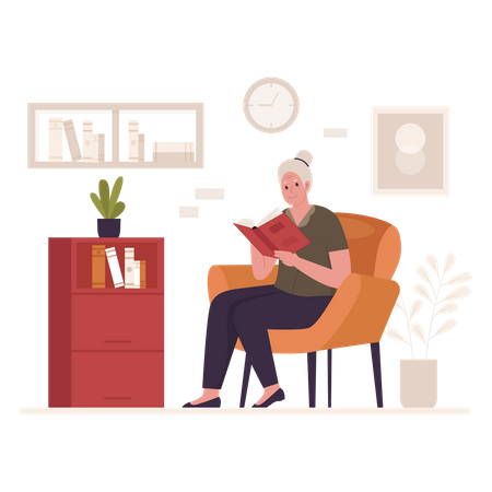 Granny reading a book on the couch Illustration