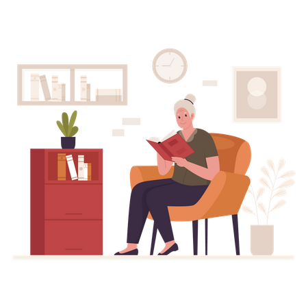 Granny reading a book on the couch  Illustration