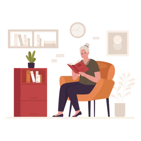 Granny reading a book on the couch  Illustration