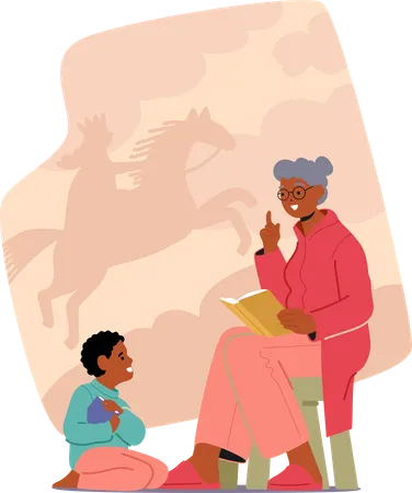 Granny Character Reading Fairy Tale To Her Grandson Cozy Armchair Soothing Voice Weaves Enchanting Tales Transporting The Child To Magical Realms Of Imagination Cartoon People Vector Illustration Illustration