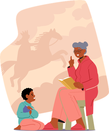 Granny Reading Fairy Tale to Grandson  Illustration