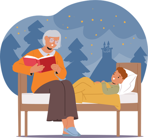 Granny Reading Fairy Tales to Grandson in Lying Bed  Illustration