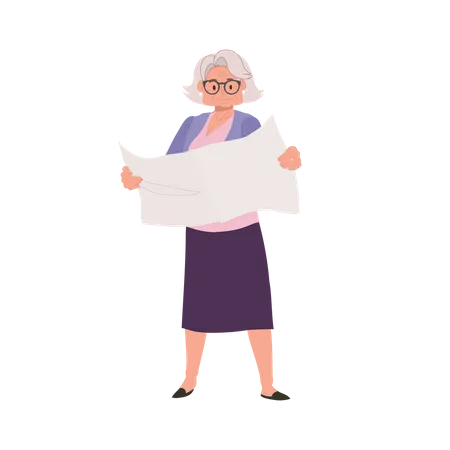 Full Length Illustration Of Elderly Woman Reading Newspaper Granny Standing Engrossed In Reading Newspaper Illustration