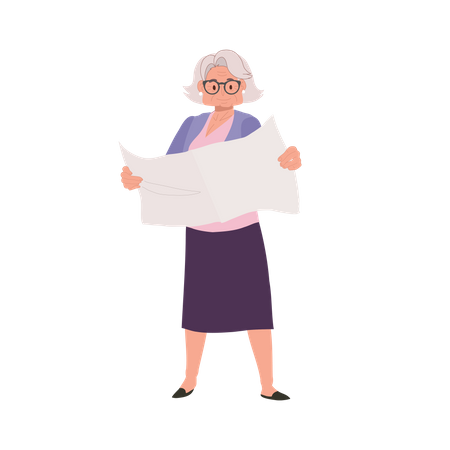 Granny Standing Engrossed in Reading Newspaper  Illustration