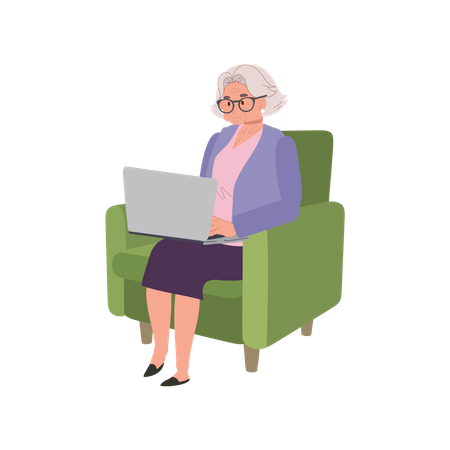 Granny Using Laptop on Couch for Online Browsing  Illustration