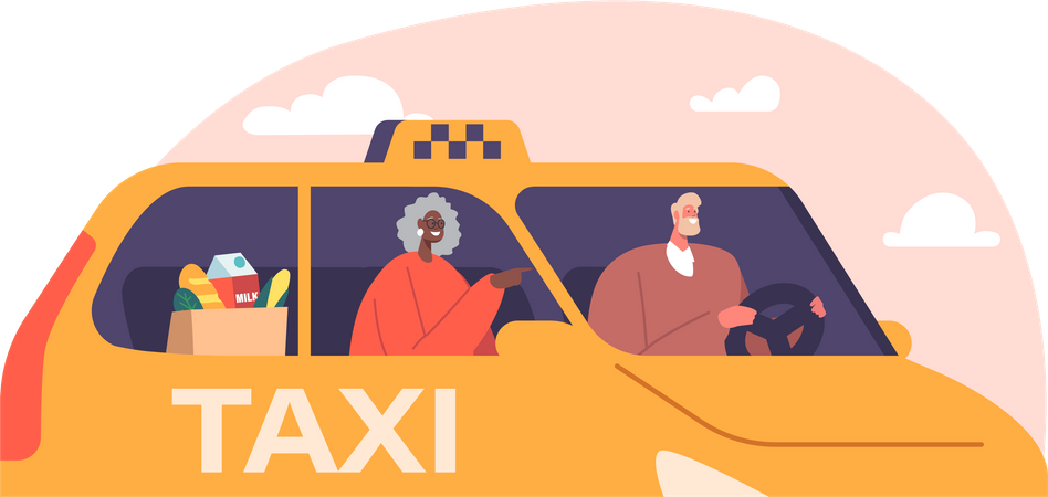 Granny With Grocery Bag Using Taxi Automobile Service Illustration