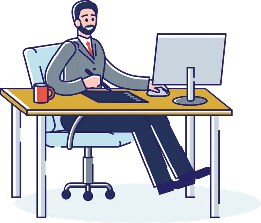 Graphic designer at work drawing on graphic tablet at office desk  Illustration