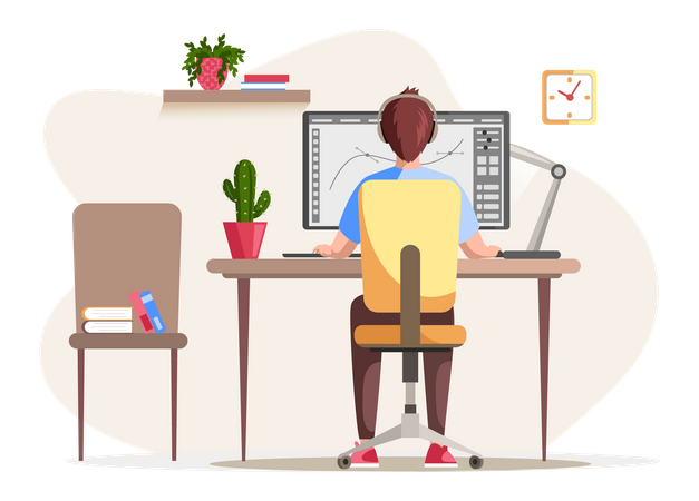 Graphic designer creating his artwork using computer software  Illustration