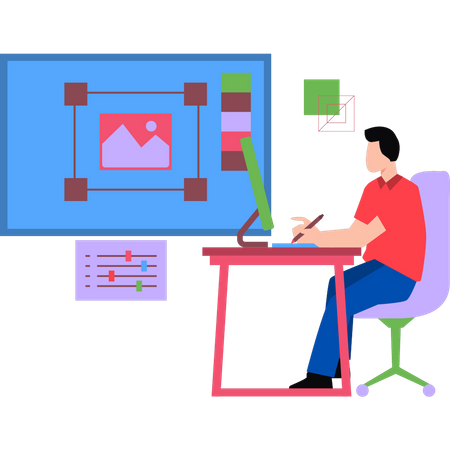 Graphic designer designing on monitor  Illustration