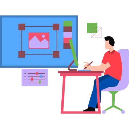 Graphic designer designing on monitor  Illustration