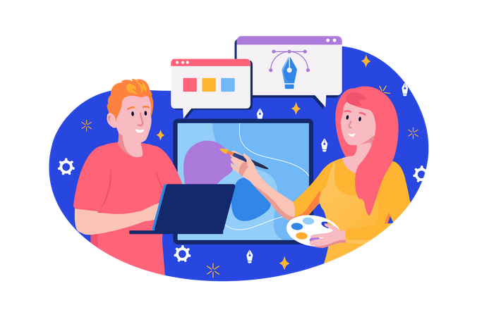 Graphic designer team working on project  Illustration