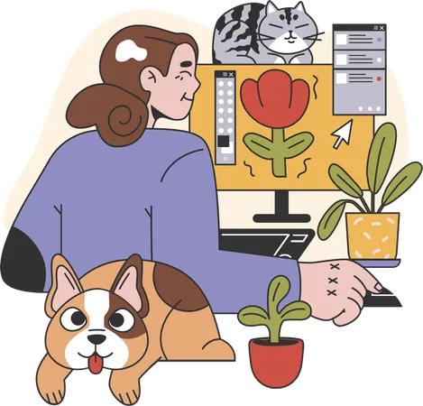 Graphic designer working on computer with dog  Illustration