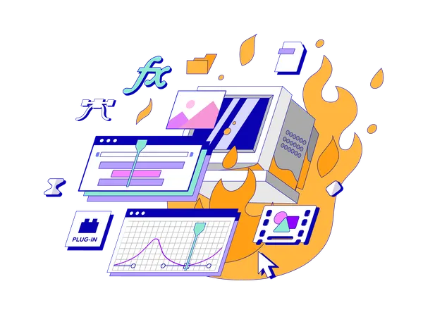 An Old Slow Computer Does Not Pull A Complex Program For Motion Design Computer Burned Down On Fire Optimize An App Slow Render Retro Style Vector Illustration イラスト