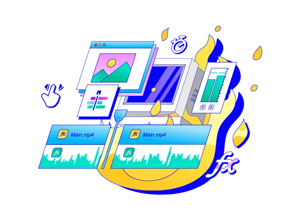 An Old Slow Computer Does Not Pull A Complex Program For Video Edit Computer Burned Down On Fire Optimize An App Slow Render Retro Style Vector Illustration イラスト
