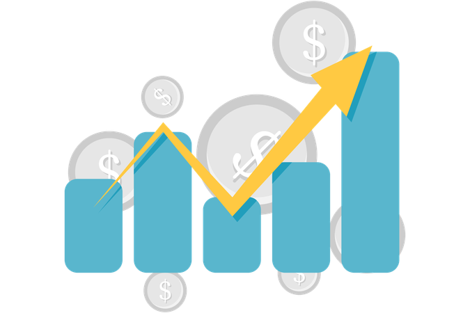 Graphique à barres ascendantes avec pièce de monnaie  Illustration