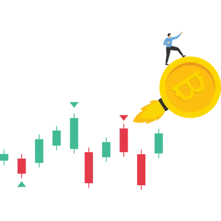 Graphique de monnaie crypto volant haut vers la lune  Illustration