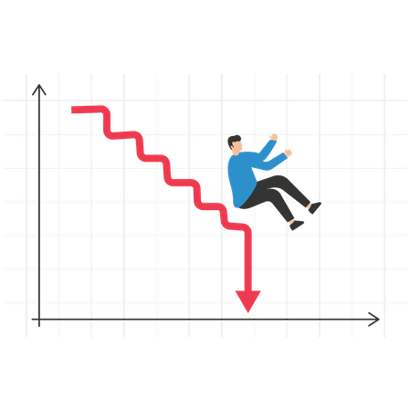 Graphique en baisse du taux de crise financière, graphique en baisse du revenu, ralentissement économique, gestion des fonds de risque d'investissement, hommes d'affaires ou investisseurs tombent du haut du graphique  Illustration