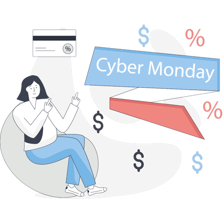 Graphique dynamique présentant diverses offres du Cyber Monday avec du texte en gras et des icônes colorées représentant des remises  Illustration