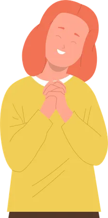 Grateful Girl Prayer Cartoon Character Smiling And Feeling Thankful Gesturing Religious Palm Isolated On White Background Peaceful Little Female Kid Believer Feeling Positive Vector Illustration Illustration