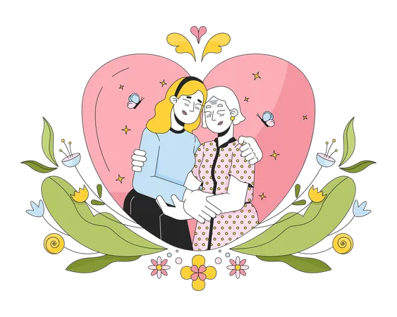 Gratitude Mother Day 2 D Linear Illustration Concept Closeness Affectionate Older Mother Daughter Cartoon Characters Isolated On White Good Warm Moment Metaphor Abstract Flat Vector Outline Graphic Illustration