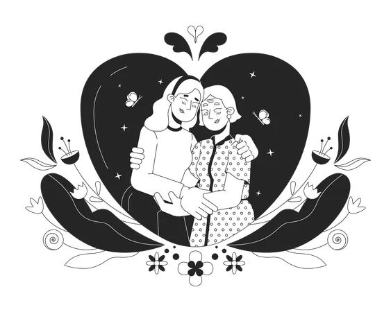 Gratitude Mother Day Black And White 2 D Illustration Concept Closeness Affectionate Older Mother Daughter Cartoon Outline Characters Isolated On White Good Warm Moment Metaphor Monochrome Vector Art Illustration