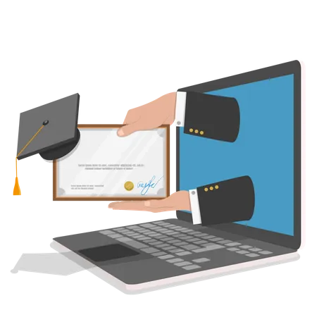 Conceito De Vetor Plano De Educacao Online Maos Com Diploma E Chapeu De Formatura Apareceram Na Tela Do Laptop Ilustração