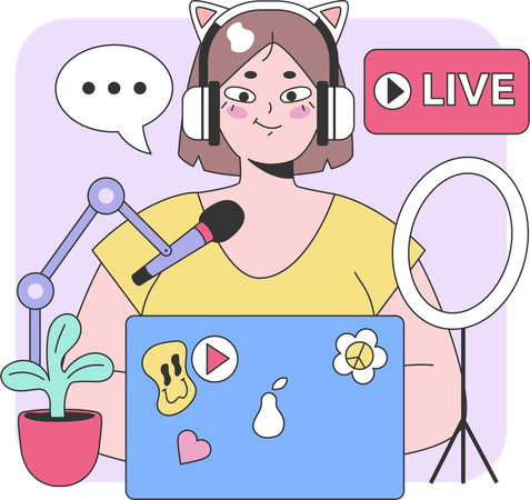 Gravação de podcast de mulher  Ilustração