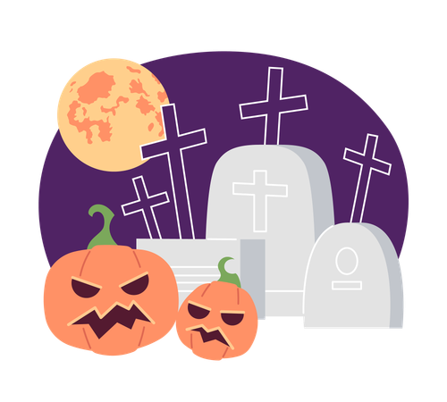 Gravestones and pumpkins with full moon  Illustration