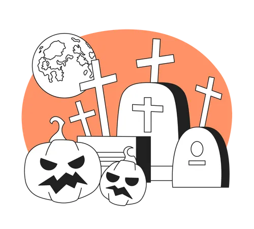 Gravestones and pumpkins with full moon  Illustration