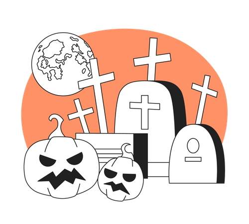 Gravestones and pumpkins with full moon  Illustration