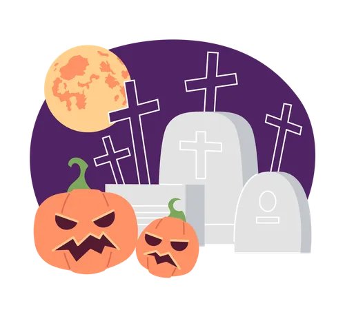 Gravestones and pumpkins with full moon  Illustration