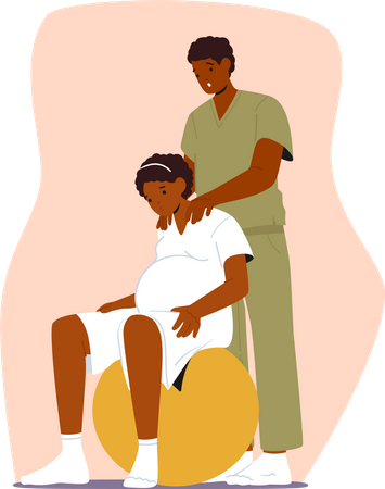 Gravid Woman And Her Spouse Using Fitness Ball To Prepare For Childbirth In Clinic  Illustration