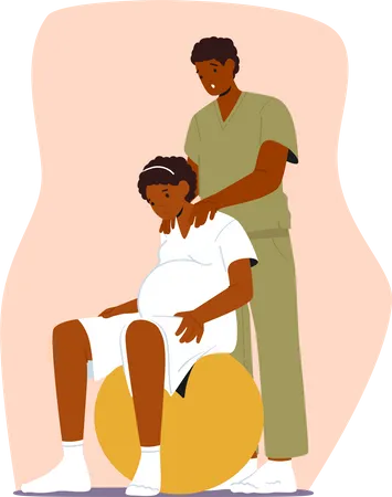 Gravid Woman And Her Spouse Using Fitness Ball To Prepare For Childbirth In Clinic  Illustration