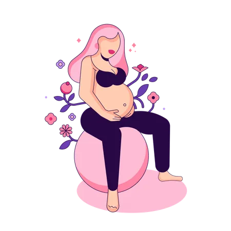 Mulher grávida fazendo ioga com bola  Ilustração