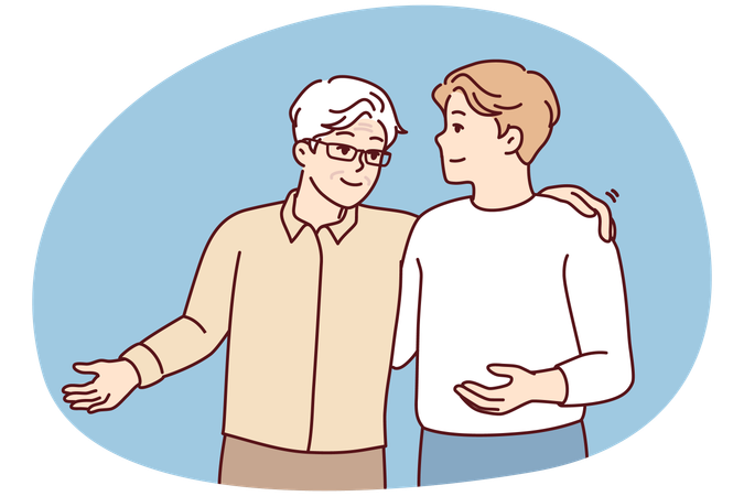 Gray-haired elderly man in glasses and young guy slap each other on back and shoulders  Illustration