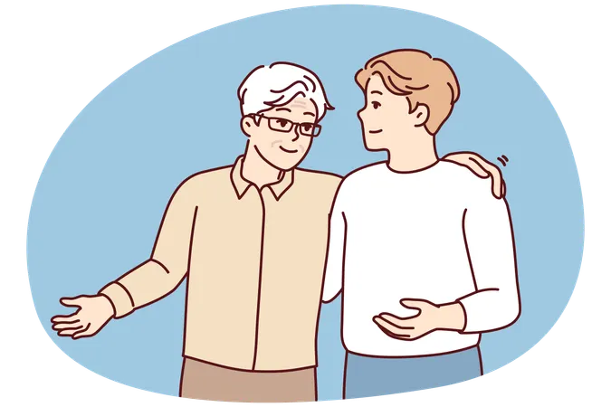 Gray-haired elderly man in glasses and young guy slap each other on back and shoulders  Illustration