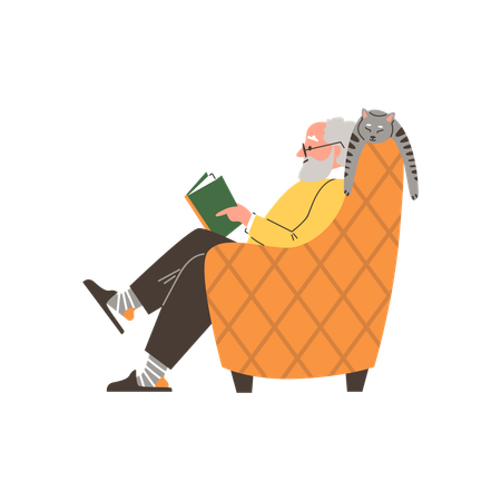 白髪のおじいさんが本を読んでいる間、灰色の猫が近くで眠っている  イラスト