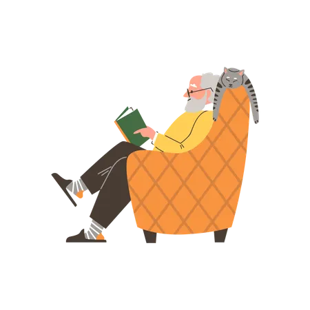 白髪のおじいさんが本を読んでいる間、灰色の猫が近くで眠っている  イラスト