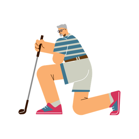 Gray-haired old man playing golf while knelt down with club sport leisure activity  Illustration