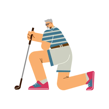 Gray-haired old man playing golf while knelt down with club sport leisure activity  Illustration